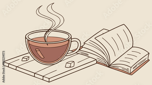 Illustration of a cup of tea with steam, sugar cubes, and an open book on a wooden surface design