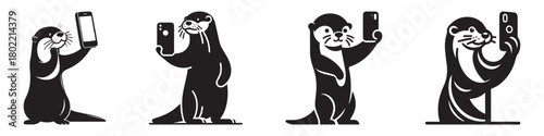 Otters taking selfies with smartphones black and white illustration.