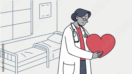 A doctor in a white coat holding a red heart in a hospital room with a bed and a window present
