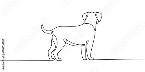 a dog standing and looking forward, representing pets, animals, loyalty, and simple artistic design.
