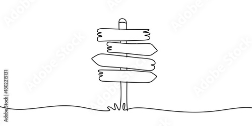 Simple continuous-line sketch of a directional signpost representing choices, navigation, guidance, and decision-making in a clean minimalist style.