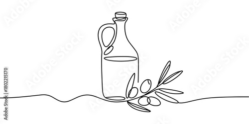 Minimal continuous line of an olive oil bottle with olives and leaves, ideal for cooking, Mediterranean themes, and modern food design.