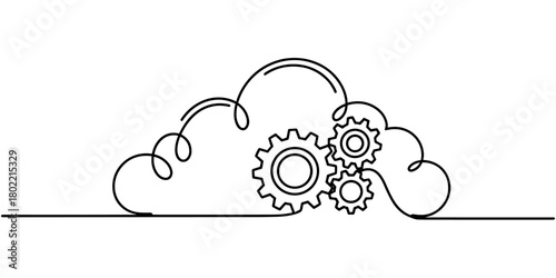 a cloud containing gears, symbolizing cloud computing, technology, data systems, and digital processes.