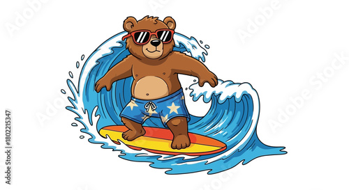 Cartoon bear surfing on a wave with sunglasses, enjoying summer vacation
