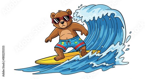 Cartoon bear with sunglasses surfing on the wave, creating a vibrant summer scene