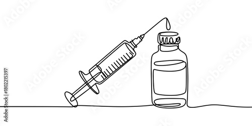 a syringe beside a medicine bottle with a falling drop, symbolizing healthcare, treatment, and medical practice.