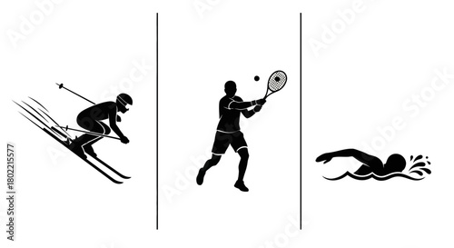 Winter skiing, tennis, and swimming sports scenes in silhouette style