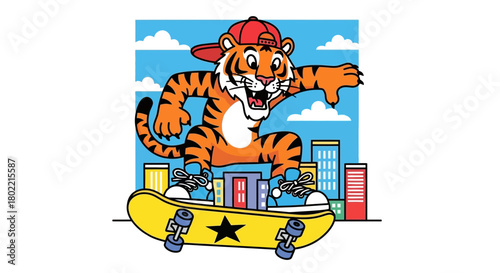 Cartoon Tiger Skateboarder Performing Tricks in the Cityscape Illustration
