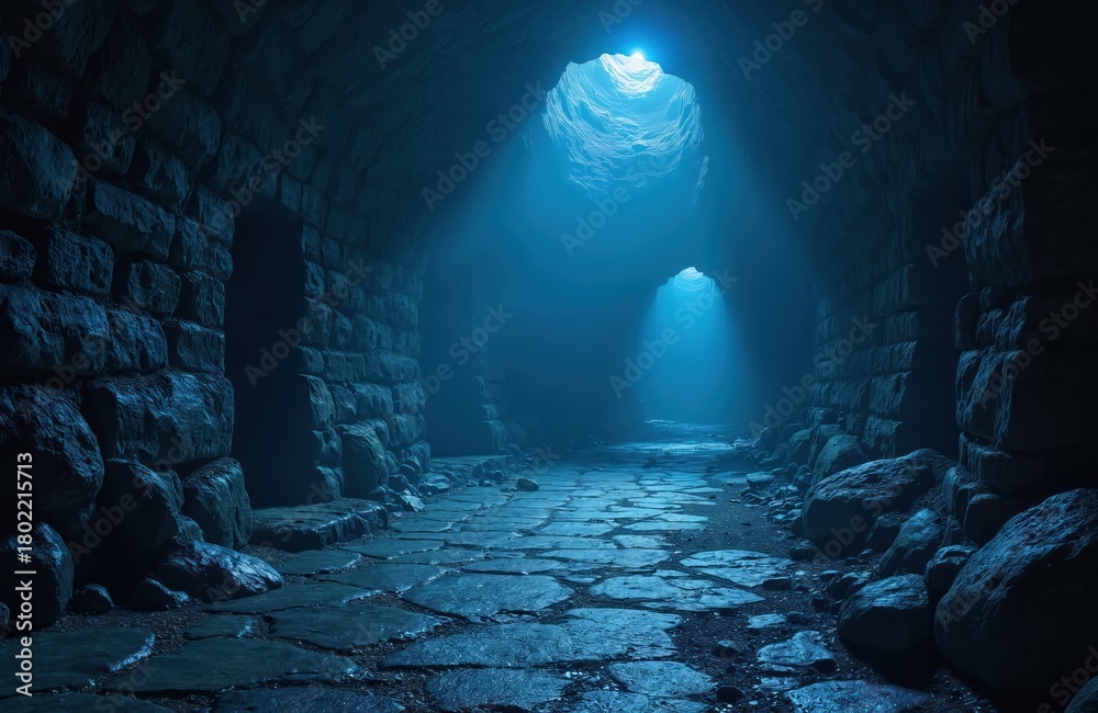 Fototapeta premium Dark stone cave pathway leads to opening with bright blue light. Ancient underground tunnel interior with rough walls and floor. Mysterious atmosphere, mystery adventure journey scene.