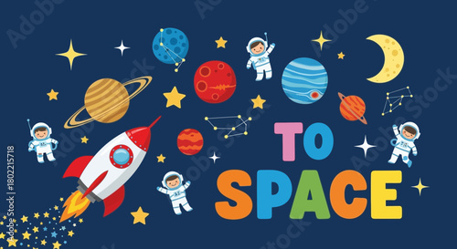 Adventures Await: Cartoon Rocket Ship and Astronauts Exploring the Vastness of Space