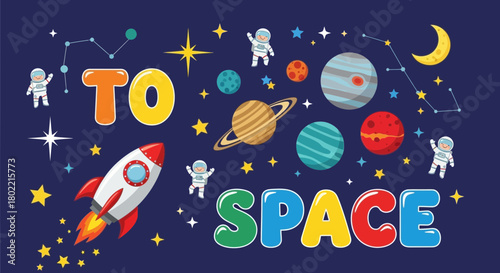 Colorful Cartoon Space Adventure Featuring Rockets Planets and Astronauts Design