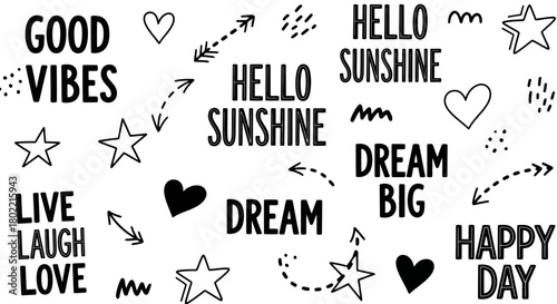 Inspirational word art with positive affirmations, hearts, stars and hand drawn design