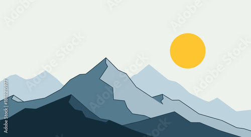 Minimalist mountain range illustration with rising sun in a serene landscape