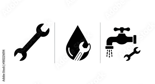 Plumbing tools and water icon set in minimalist silhouette style