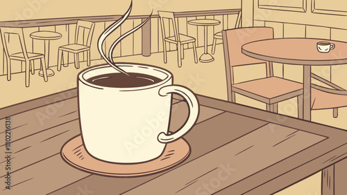 A steaming cup of coffee on a wooden table with chairs and tables in the background at a cafe scene