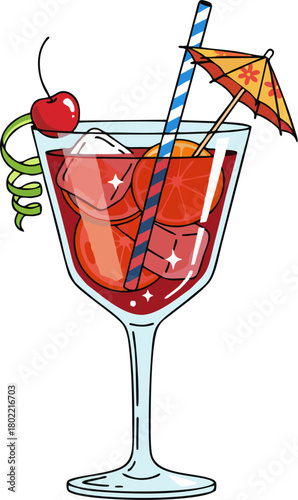 Vector Illustration of Sangria Cocktail in Wine Glass with Orange Slice, Cherry, Cocktail Umbrella, Spiral Lime, Ice Cubes
