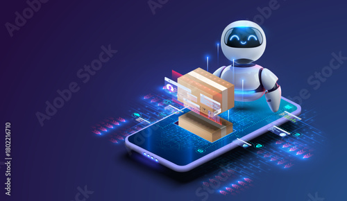 3D vector illustration of a friendly AI robot managing ecommerce parcel delivery and tracking on a futuristic smartphone app interface