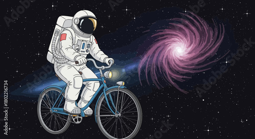 Astronaut on a Bicycle Riding Through the Cosmos Towards a Majestic Galaxy