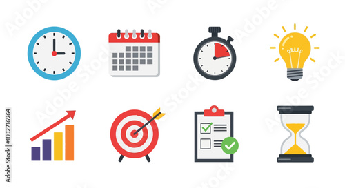 Time management and productivity icons set: flat design for business and planning