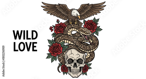Eagle, Skull, Snake, and Roses Artwork, a Tattoo-Style Design for Apparel and Art Prints