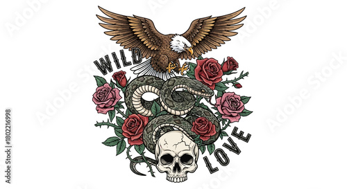 Complex tattoo design featuring an eagle, snake, skull and roses for edgy art