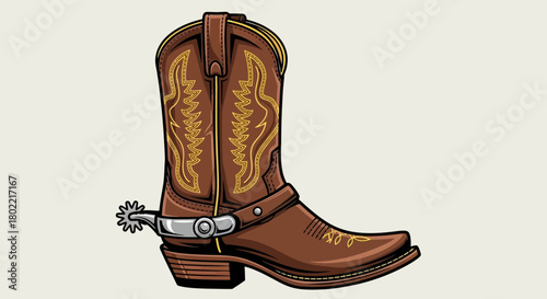 Stylish cowboy boot with intricate decorative stitching and a classic spur design