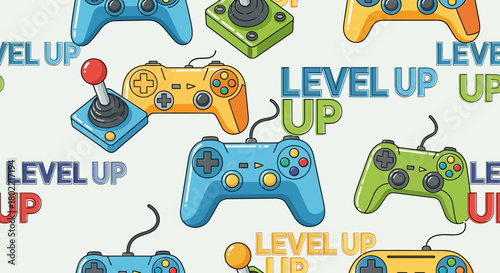 Seamless pattern of colorful game controllers with the words Level Up illustration