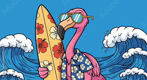 Illustration of a pink flamingo surfer with a surfboard wearing sunglasses and shirt