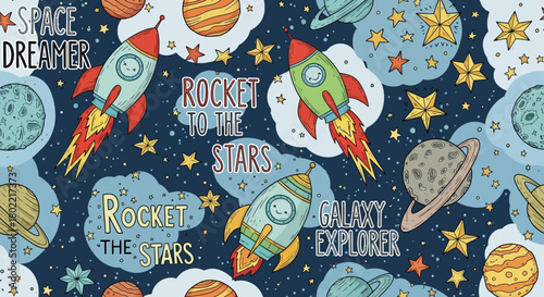 Whimsical Space Adventure: A Playful Pattern of Rockets, Planets, and Stars