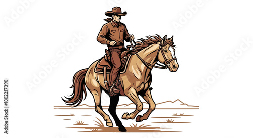 Cartoon style cowboy character riding horse on isolated white background image
