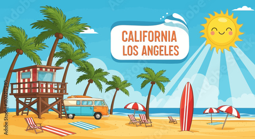 Cartoon California beach scene with lifeguard tower, surf van, and sunny weather