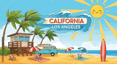 Cartoon illustration capturing the vibrant beach atmosphere of California, Los Angeles