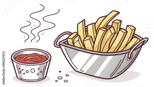 Illustration of a metal bowl filled with french fries and a side of ketchup with steam lines drawn above it