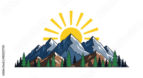 Cartoon Mountains with Sun Rays, Natural Landscape Illustration for Print Design