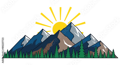 Scenic mountain range illustration with rising sun and evergreen forest view