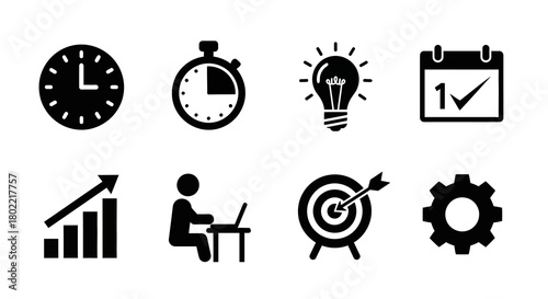 Business and productivity icons set: clock, stopwatch, light bulb, calendar, growth arrow, office worker, target, gear
