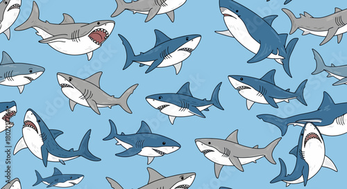 Seamless pattern with cartoon sharks on a light blue background for textile design