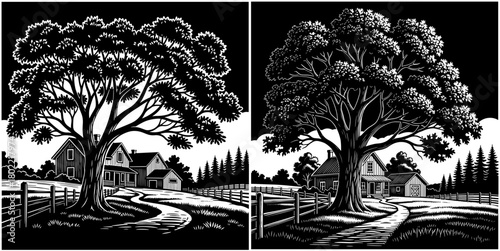 Two rural landscapes with a house and a tree, black and white illustration in engraving style, isolated on
