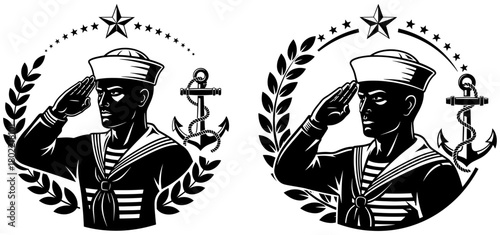 Monochrome vector illustration of a sailor saluting, with an anchor and laurel wreath, perfect for naval or maritime themes