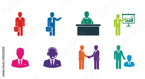 Colorful business icons: professional people, office scenes, and business interactions