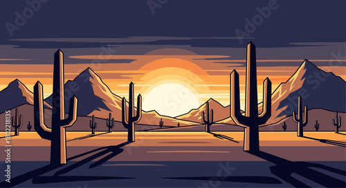 Stylized desert landscape illustration with saguaro cacti at sunset time
