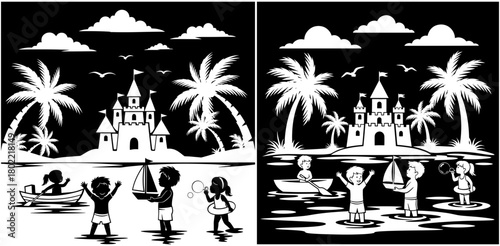 Monochrome vector illustration of children playing on a tropical beach with palm trees and a sandcastle, evoking summer fun