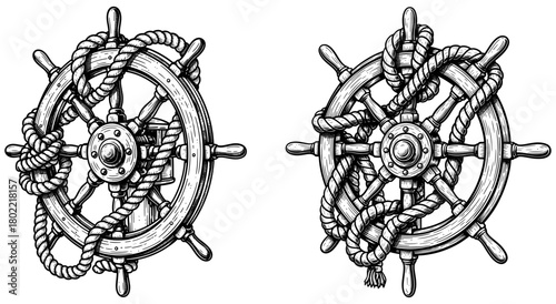Two vintage ship steering wheels with rope isolated on, nautical themed design elements for decoration