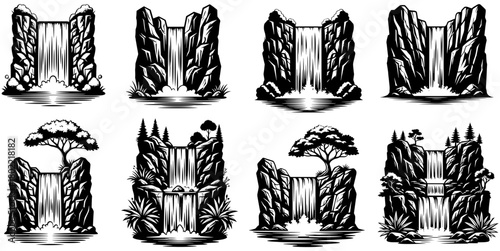 Set of waterfall landscape isolated on, vector illustration of nature scene with cascade and rock