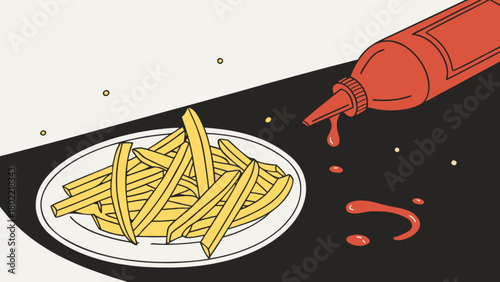 A plate of french fries with ketchup bottle on a table against a two tone background art piece