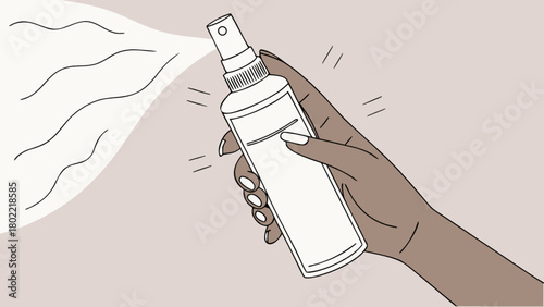 Illustration of a hand holding and spraying a white bottle with liquid coming out of the nozzle