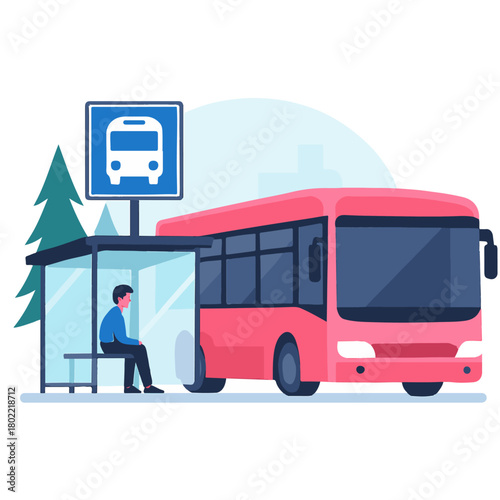 Bus Stop with Arriving Pink Bus color vector