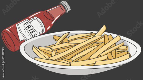 A cartoon illustration showing a plate of french fries with a bottle of ketchup on a dark background