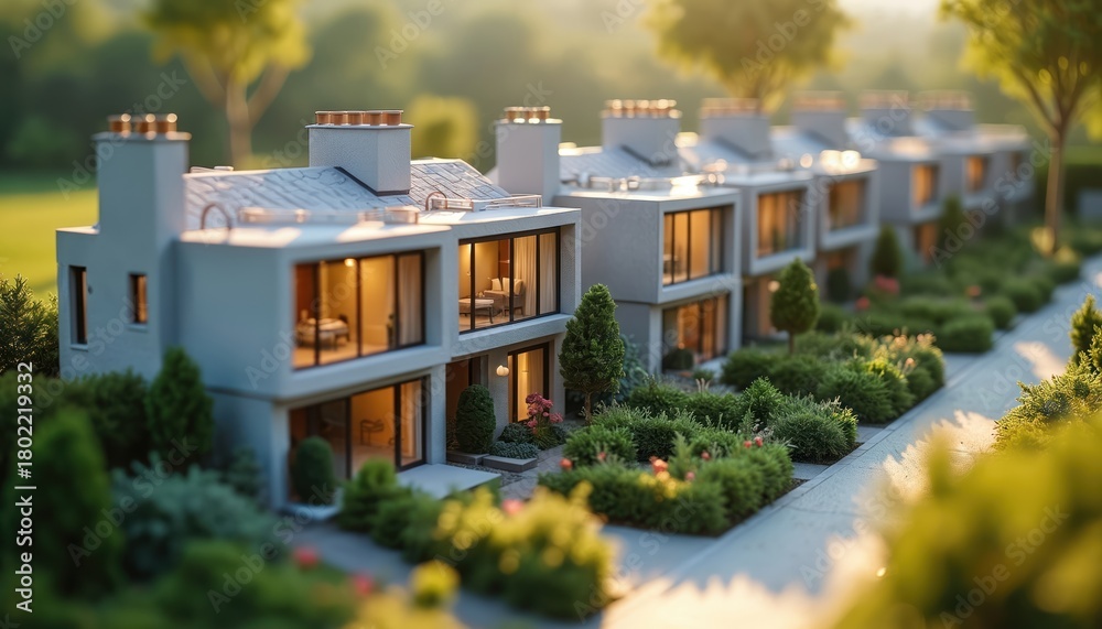 Obraz premium Model of modern townhouse row in green suburban setting. Miniature houses with clean design and large windows show interior details. Rich landscaping surrounds residential community.