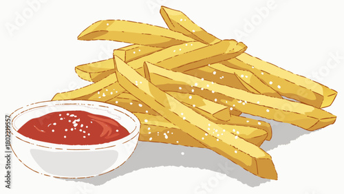 Illustration of a pile of french fries with salt and a bowl of ketchup on a white background table